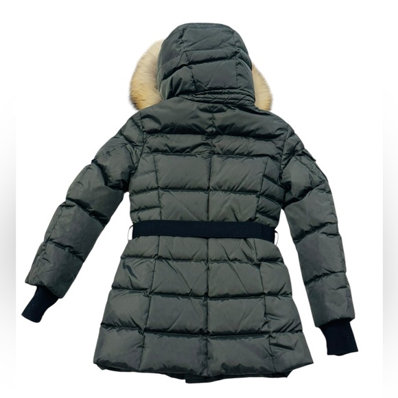 SAM.***Long Olive Green Belt Puffer Jacket Hooded w/Fur Trim***Size 10 $495 EUC - Picture 6 of 9